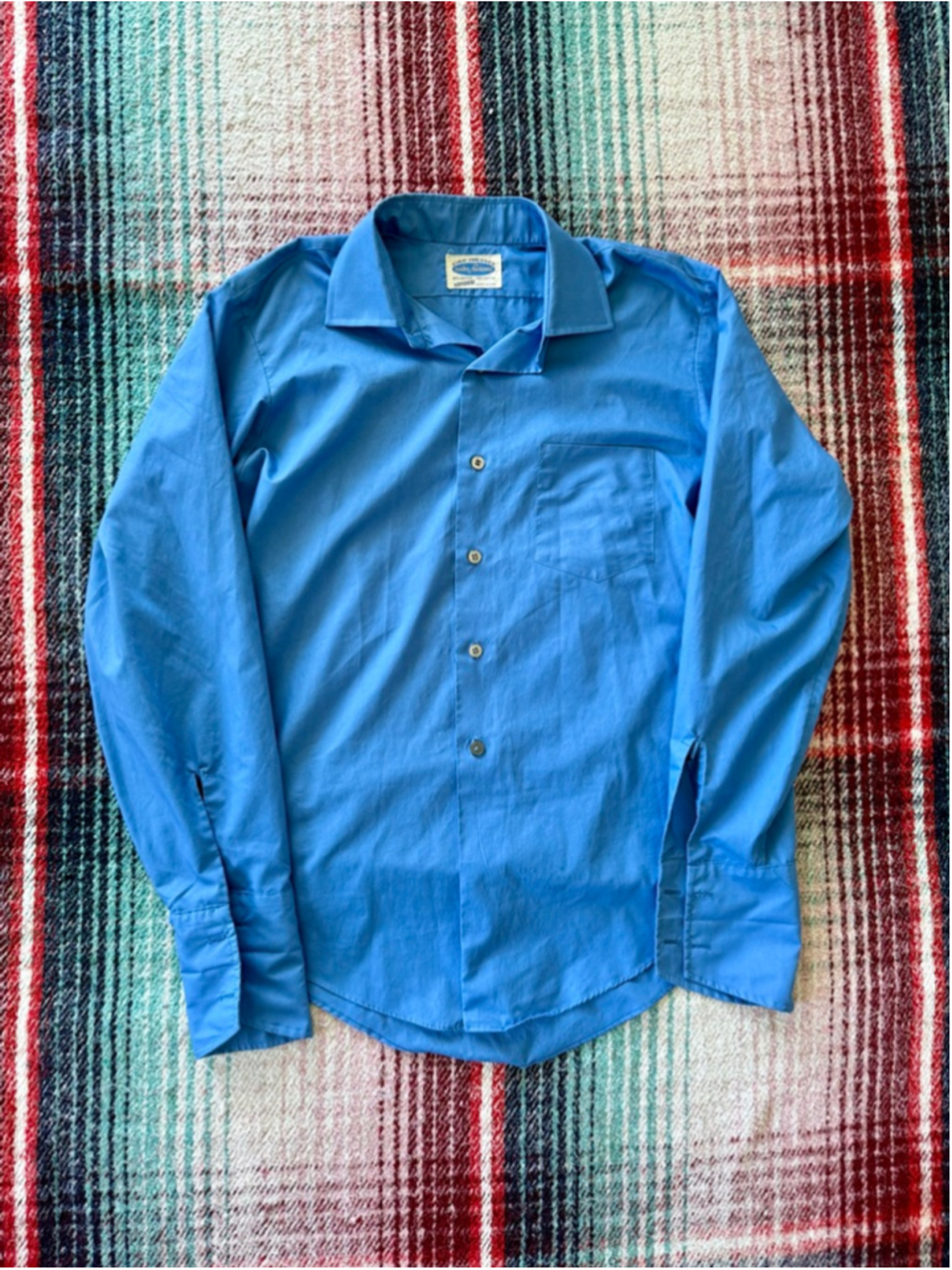 60s Blue French Cuff Dress Shirt M
